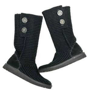 UGG Womens Cardy Black Knit Sweater Boots Size 6 2-Button Fold Over #5649